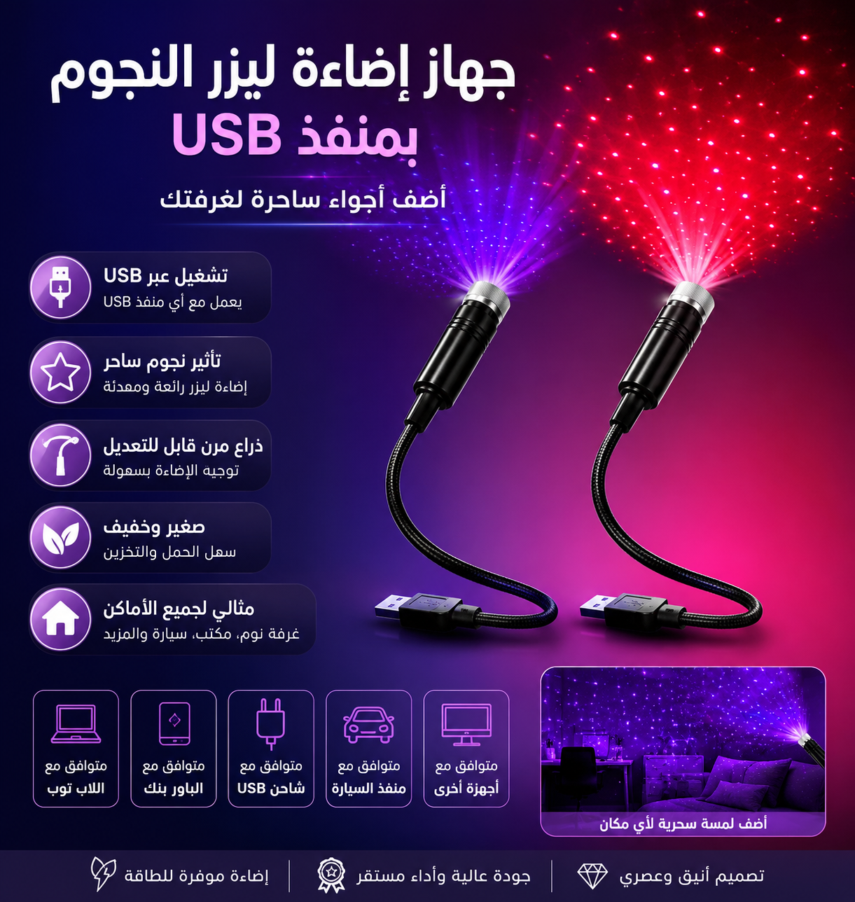 جهاز عرض نجوم LED للسيارة بمنفذ USB مع إضاءة أرجوانية